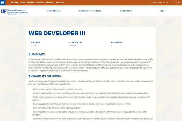 UF Web Developer III Job Description Page